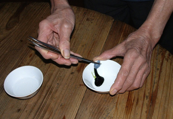 Gall bladder which was just cut out of the live snake, for snake wine.